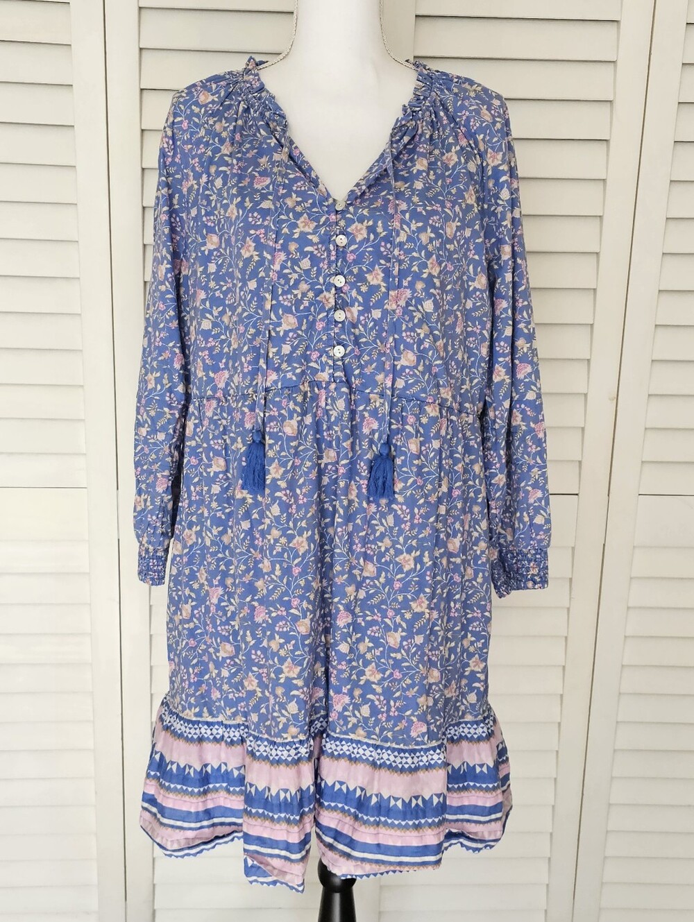 Wonderly Floral Print Peasant Dress Size XL Split V Neck Long Sleeve Flounce Hem